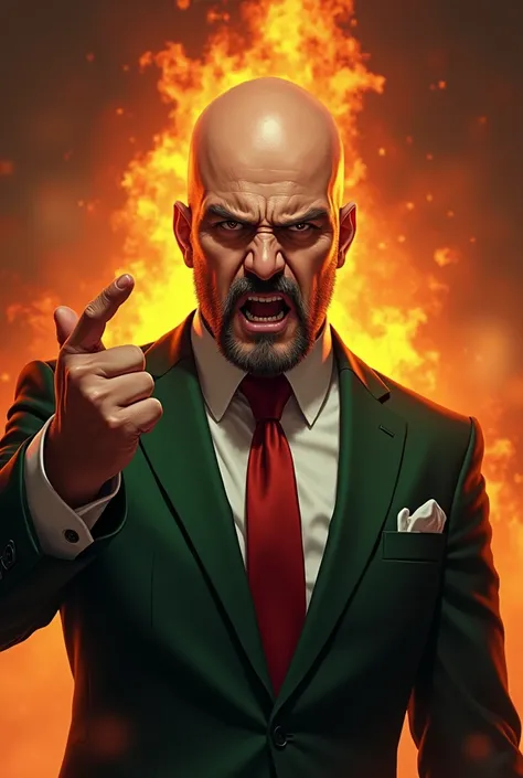 best qualityer, Facial Focus, black background, ultra high resolution, alexander de moraes, baldie, beardless face, face without mustache, Minister of the Supreme Court, wearing a green suit, wearing a red tie, burning eyes, Eyes red, dictator pose, angry ...