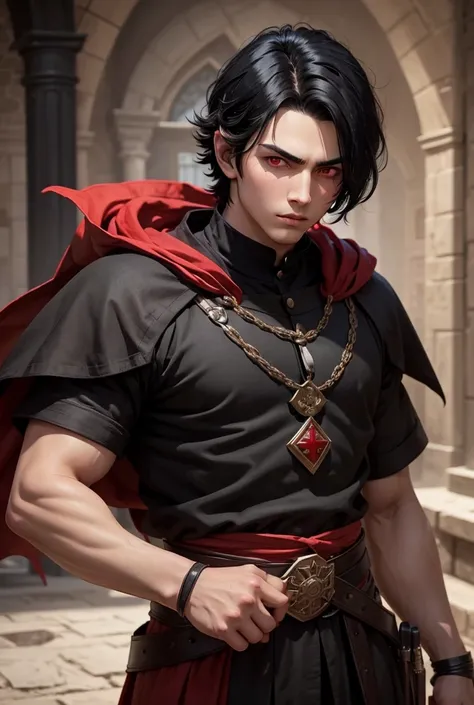 Boy with jet black hair and red eyes, with medieval rapa, strong and serious character 