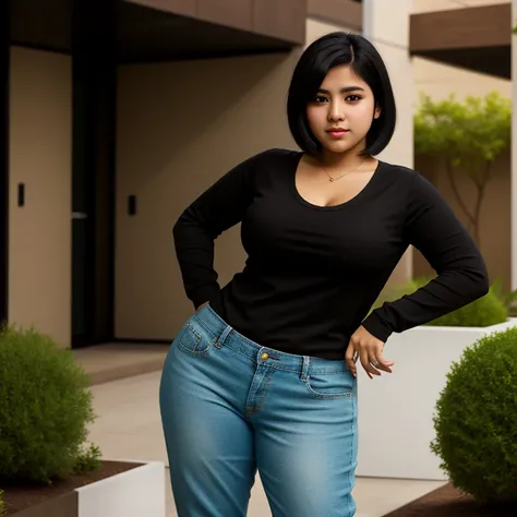 Full body photo, beautiful detailed, cute face, nyuugao mexican teen, skinny, short black hair, black hair over one eye, long sleeve plain T-shirt, long pants, thick curvy wide hips, solo, High Resolution, Anatomically Correct,