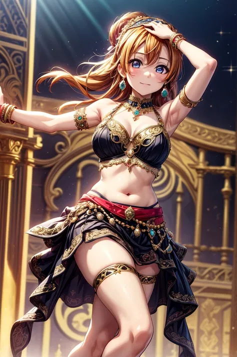 ((best quality)), ((masterpiece)), (detailed), bellydancer ,jewelry, dancing, arabian clothes, colorful clothes, turban/headband, kousaka honoka, curvy body, arms up,plump, thighs, (exposed pussy), panties