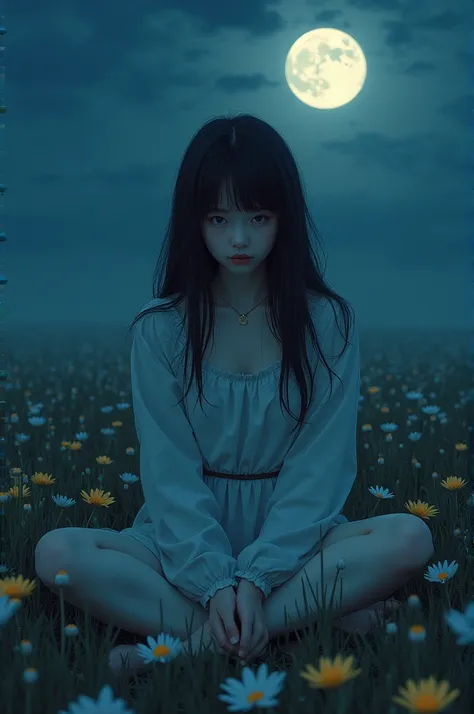  A beautiful girl sad on grass and flowers at a moonlit night.
She looks centre. 
