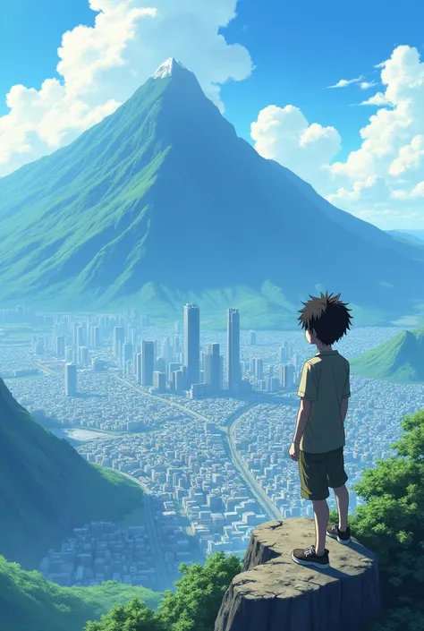 A boy watching the beautiful city view from mountain anime style