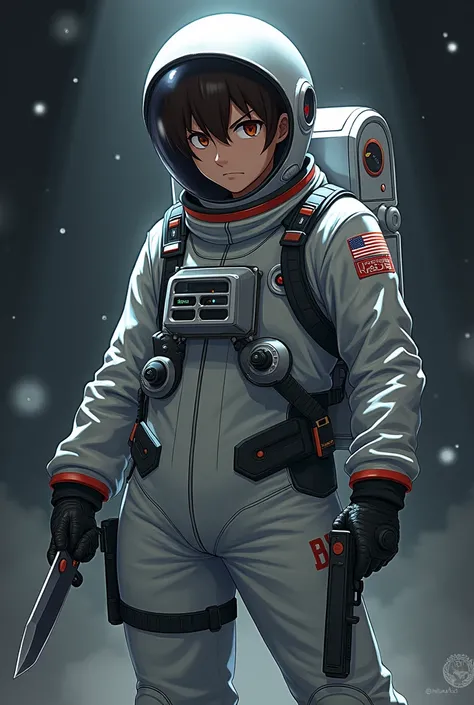 anime man, holding a knife, with astronaut clothes from the game among us and with a gun on the other side