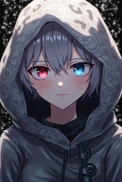 High resolution, Shortcuts, Gray Hair, blue eyes, Red eyes, Hood worn, Odd Eye, Anime Style, Puff out your cheeks, 