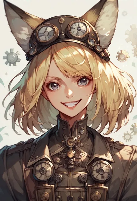 Comics style,a blonde woman (short and square with bangs) with gray eyes, fox ears on her head, evil smile, black and silver steampunk uniform