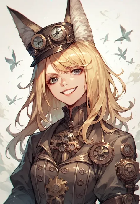 Comics style,a blonde woman (short and square with bangs) with gray eyes, fox ears on her head, evil smile, black and silver steampunk uniform