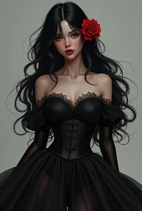 beautiful girl standing, big wavy black hair, black and red oversized flared corset dress, with just a rose behind the ear