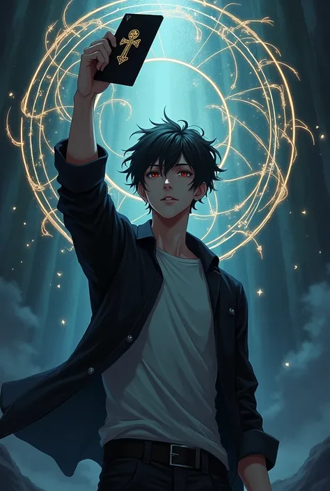 male, high school, black shirt, white shirt, black jacket, holding a black magic card with a chain-shaped card back, ancient letters flying around the male, black background, light magic circle on the side Behind him, hold the card with one hand raised in ...