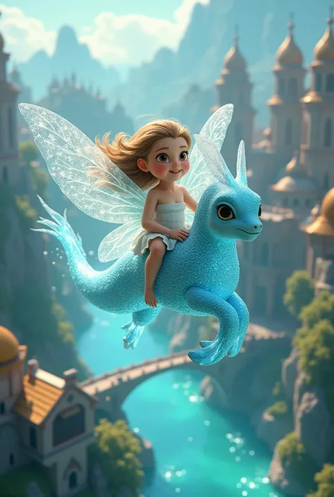 Image 4: Clara and the Water Fairy flying through the air over the town of AquaLandia.   