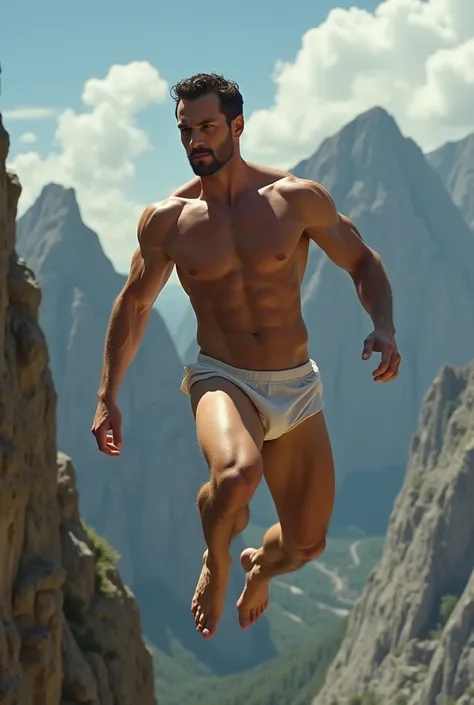 Handsome nudist male, (male genitalia, big penis and testicles), resembling luke Evans , flying as superhero naked  on mountain.with athletic body, different  sides views, full body scene  .No shadows on body and face.. dynamic climbing pose. No (shorts, u...