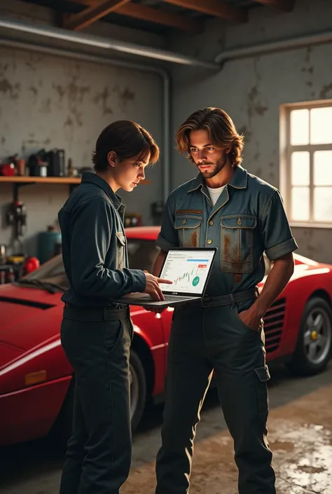 mechanic with 15 cm long hair young mature showing another mechanic, his laptop with data, old garage, testarossa inside (one mechanic is young brunette man) draw style