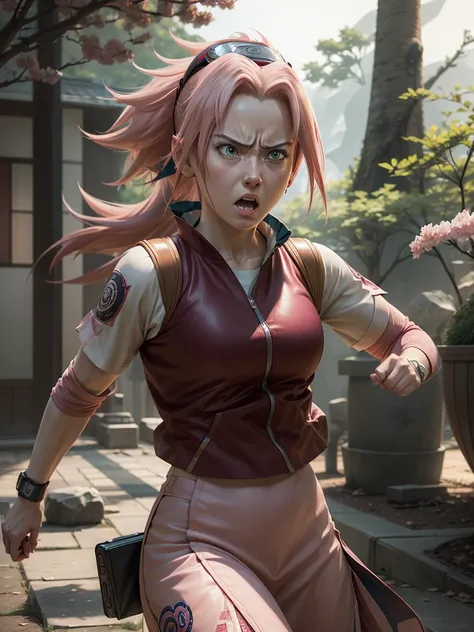 a realistic photo, hyper detailed, 12k, sakura from naruto, angry, she prepares to deliver a devastating punch, she is determined, naruto shippuden background, the details of this scene make this photo a masterpiece