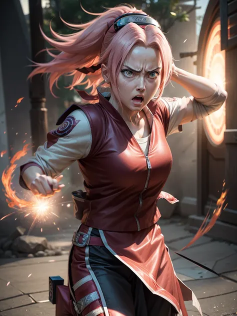 a realistic photo, hyper detailed, 12k, sakura from naruto, angry, she prepares to deliver a devastating punch, she is determined, naruto shippuden background, the details of this scene make this photo a masterpiece