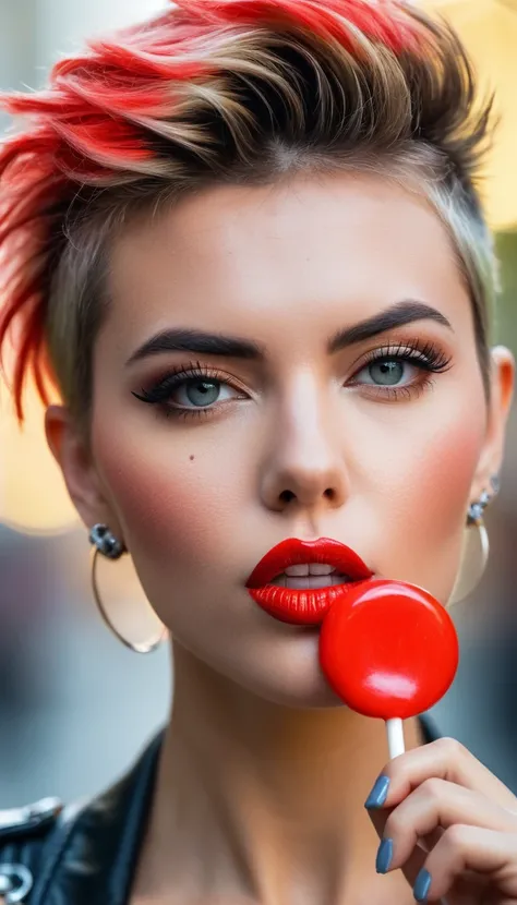 concept art 2 European supermodel,punk hair do,holding a small red lollipop in front of her chin,artsy,bokeh,f1.4,40mm,photorealistic,raw,8k,skin pores,fashion magazine cover shot,, Thorough,analog style,eye focus,highest quality,(highly detailed skin),per...