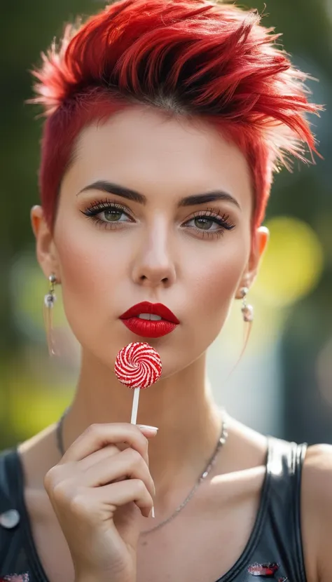 concept art 2 European supermodel,punk hair do,holding a small red lollipop in front of her chin,artsy,bokeh,f1.4,40mm,photorealistic,raw,8k,skin pores,fashion magazine cover shot,, Thorough,analog style,eye focus,highest quality,(highly detailed skin),per...