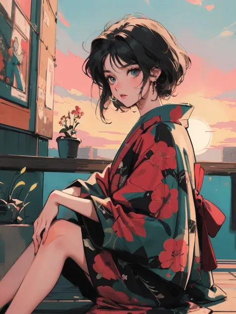 anime girl sitting on floor looking out window at city, anime aesthetic, anime vibes, Lofi Artstyle, Low-fi portrait by the wall, Watching the sunset. anime, Lofty Girl, anime art wallpaper 4 k, anime art wallpaper 4k, anime art wallpaper 8 k, anime backgr...