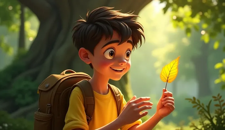 Timmy&#39;s Adventures ((Wearing a yellow shirt., Carrying a bag)) Holding a golden leaf in hand, zoom in on a big tree.