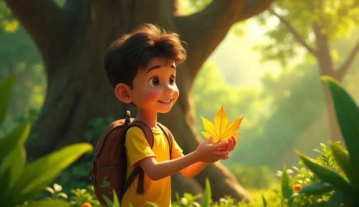 Timmy&#39;s Adventures ((Wearing a yellow shirt., Carrying a bag)) Holding a golden leaf in hand, zoom in on a big tree.