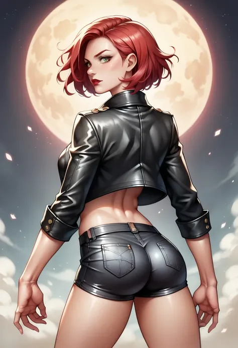 (high-level image quality), (high quality), (high resolution), (detailed), (masterpiece), beautiful young woman, ((caucasian)), green eyes, red hair, short hair, dark red lipstick, battle pose, back view, leather jacket, black top, leather shorts, maliciou...