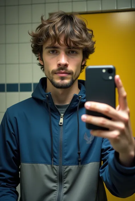 Subject: The image depicts a young man taking a selfie. He has wavy brown hair that is slightly messy, with a light beard and mustache. His facial expression is neutral, possibly slightly serious.Clothing: He is wearing a two-tone jacket, predominantly blu...