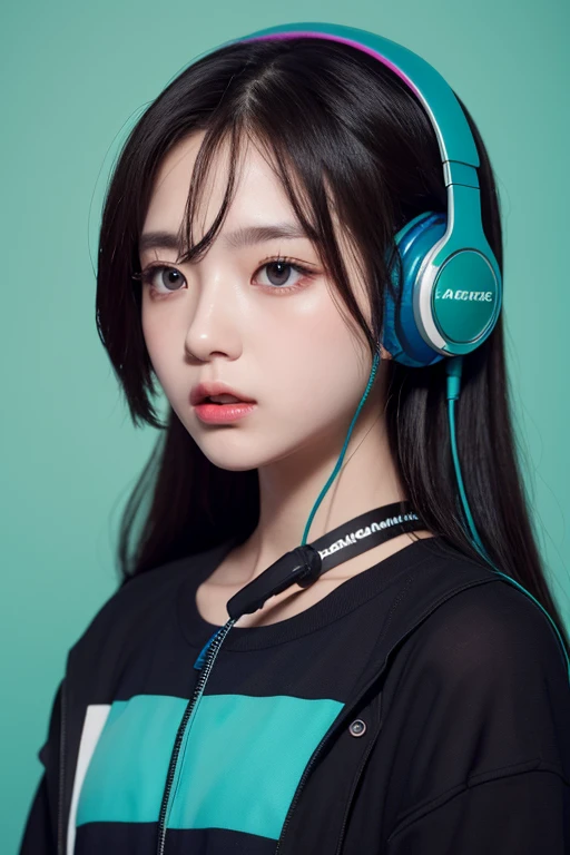 Thumbnail for a remix with blue colors on the right and dark green on the left, large backgrounds with only colors with music stickers and a person with a surprised expression looking to the side with headphones and music sets 