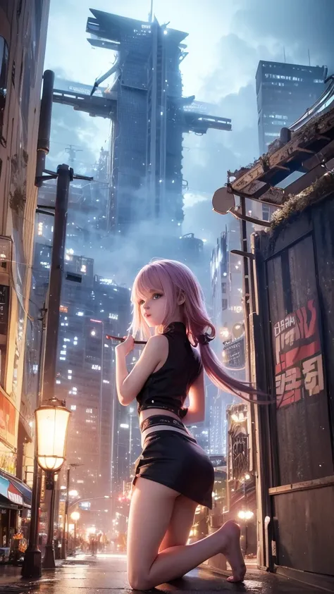 A giant girl swings a hammer and destroys a city.,The girl is sitting in the building,A giant woman lying on top of a cyberpunk city, Wear a short skirt,Little kids running around a giant girl,The little man got scared and ran away.,Many cars pass by., Sta...