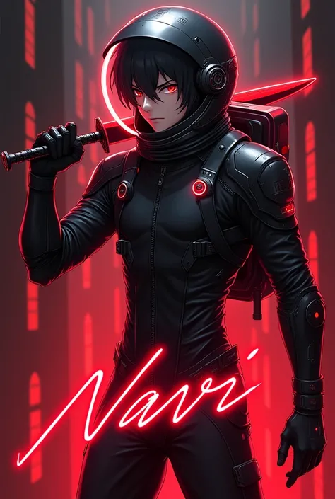 anime man, holding a knife, with astronaut outfit from the game among us and a red neos knife, with the name navi in neon red and black clothes 