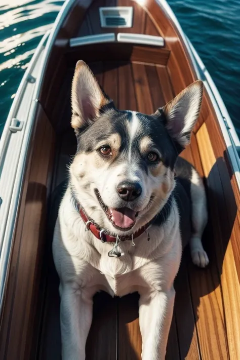 Dog inside of a boat, happy, confortable, super detail, anatomically correct, best quality