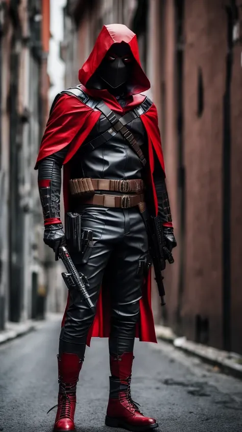 Red hood with two katanas on his back and a pistol in each hand, black pants and military boots