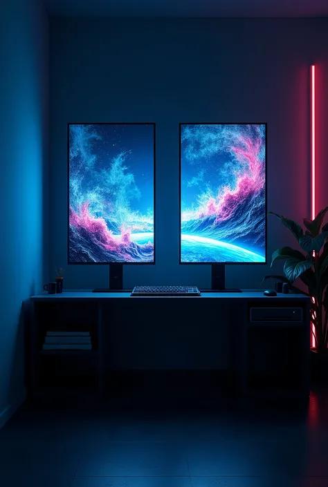 2 monitors、Monitors are placed vertically、Stylish room、Black and blue dim room、Neon color、High resolution, Highest quality, masterpiece, Widescreen, detail, 高いdetail, High-resolution model, Chiaroscuro, realism, Surrealism,