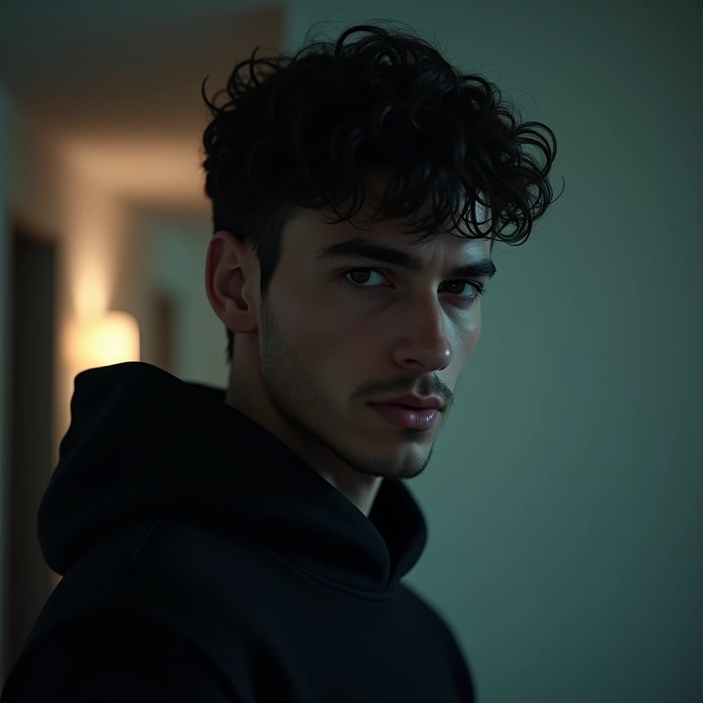 Create an image of a man with obscure facial features,. The person has short dark curly hair and is wearing a black hoodie.. o fundo é indistinto e desfocado, with lighter tones suggesting an indoor environment.* *The man:* A mysterious face with strong fe...