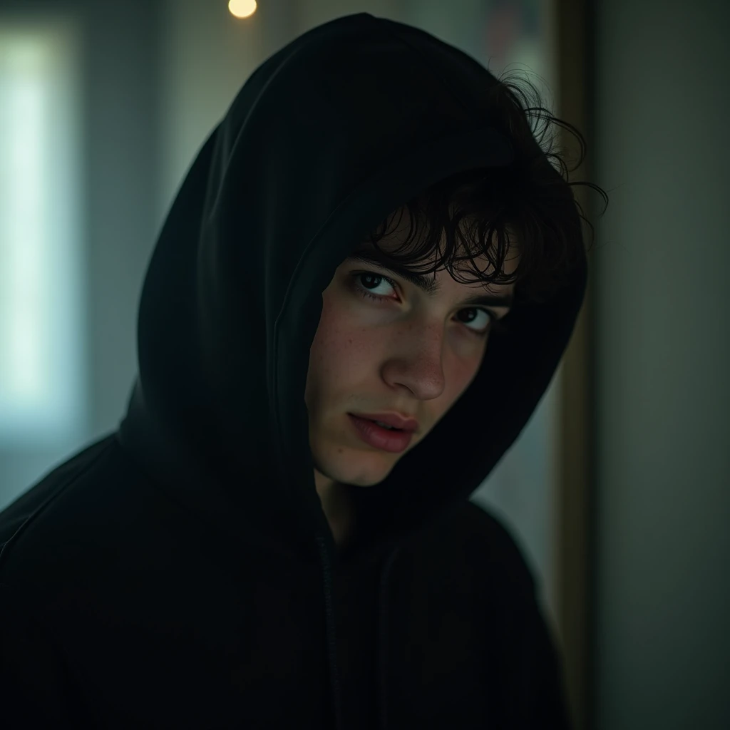 Create an image of a man with obscure facial features,. The person has short dark curly hair and is wearing a black hoodie.. o fundo é indistinto e desfocado, with lighter tones suggesting an indoor environment.* *The man:* A mysterious face with strong fe...