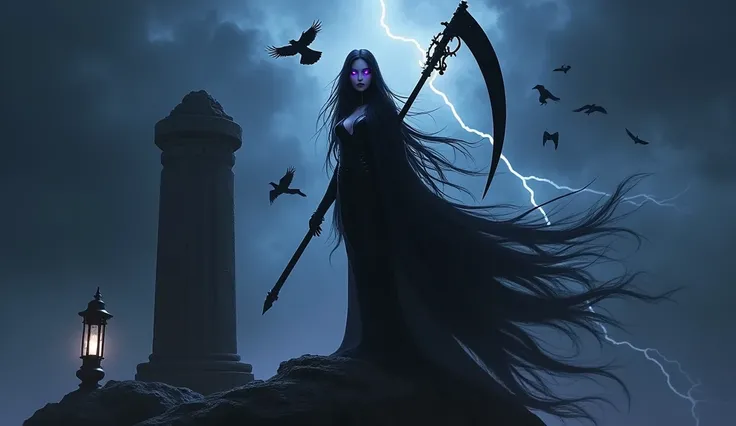 A dark and seductive female Grim Reaper、Standing on a high rock with a giant scythe slung over his shoulder。Her long black hair sways in the wind、Purple eyes shining in the night sky。The skin is white and shiny、The exposed skin creates an erotic atmosphere...