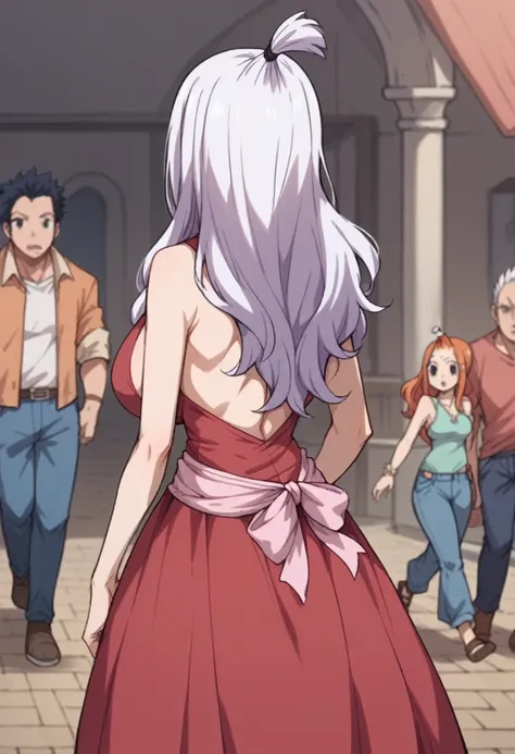 1 girl, Mirajane Strauss, Fairy Tail, on her knees, sucking a dick, in public, people walking in the background, wearing a red dress, boob window, large breasts