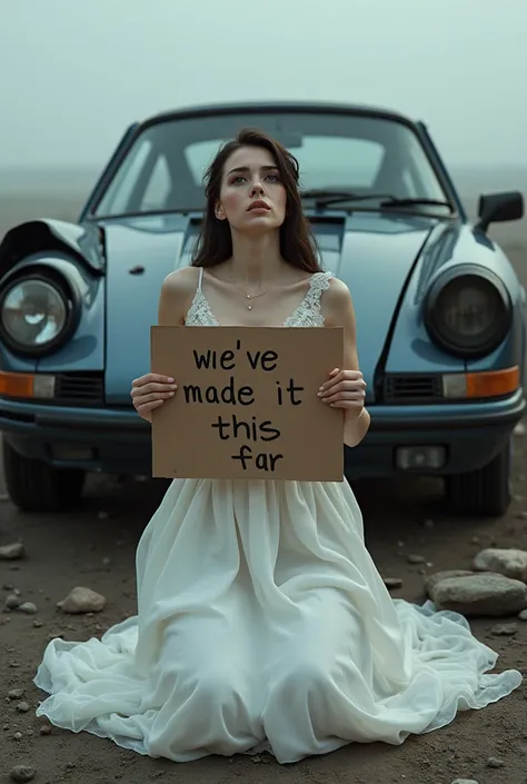 Generate a 9:16 Picture showing a completely destroyed Porsche and a model in a wedding dress kneeling in front of it and praying. She has a sign in her hand that says " weve made it this far".
