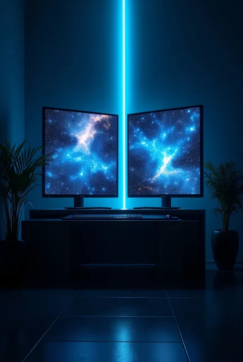 2 monitors、Monitors are placed vertically、Stylish room、Black and blue dim room、Neon color、High resolution, Highest quality, masterpiece, Widescreen, detail, 高いdetail, High-resolution model, Chiaroscuro, realism, Surrealism,