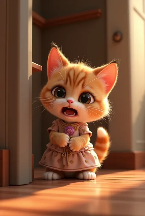 best quality, Masterpiece, raw photos, 8ก,UHD,cartoon,3d, TSLOP, Behind a cute brown and white cat wearing a Disney-style outfit, crying loudly under the stairs.