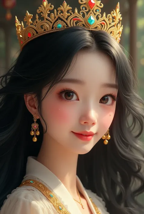 Playful black-haired Asian woman wearing a crown,Realistic