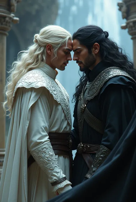 A male twins prince Targaryen silver long hair good white clothes, evil dark clothes fight for a lover witch dark hair