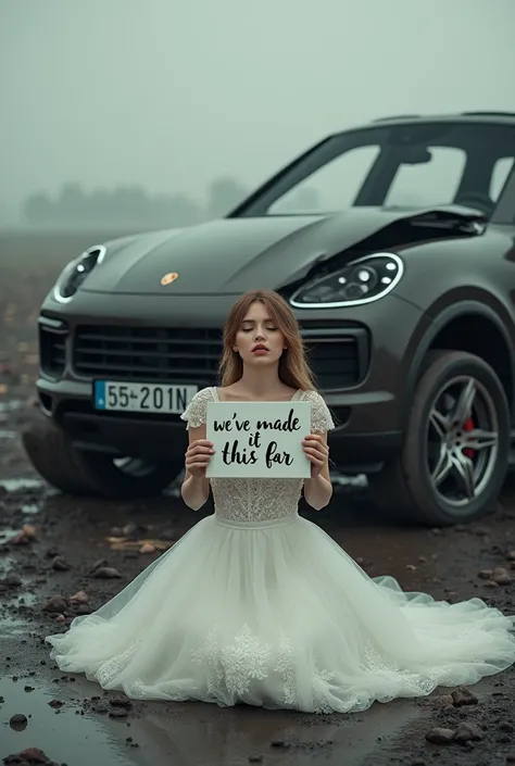 Generate a 9:16 Picture showing a completely destroyed Porsche and a model in a wedding dress kneeling in front of it and praying. She has a sign in her hand that says " weve made it this far".
