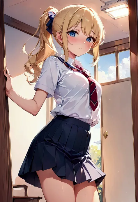 高いquality illustration, masterpiece, Very delicate and beautiful, Slender body, Anime Style, Beautiful Eyes, masterpiece, Highest quality, High resolution, Very detailed, Perfect lighting、Very young、1 female、Blushing、ponytail、high school girl、uniform、Flip ...