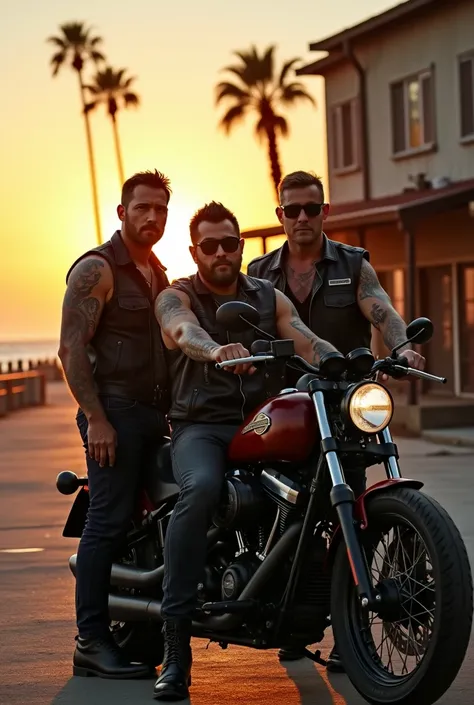 3 Bikers en gilet sans manche en cuir noir, 1 standing and 2 on their bobber style motorcycle in front of their big biker HQ on the seaside in Los Angeles next to a tattoo shop. sun set 