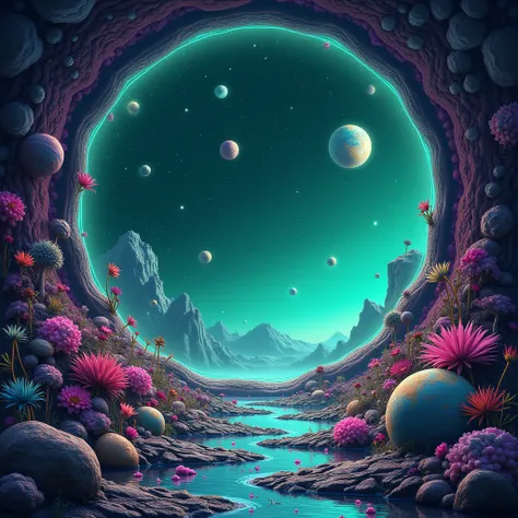 Round frame center, universe, Planets passing through a portal, Green and purple neon colors, 3D Effects, motion., Strange plants and animals.