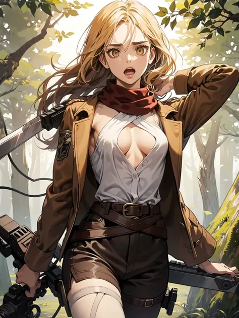 Historia, medium breasts, belt, thigh strap, red scarf, black pants, brown jacket, holding weapon, sword, dual wielding, three-dimensional maneuver gear, topless, blood in face , in the deep forest, in the battle field, stunning innocent symmetry face, the...