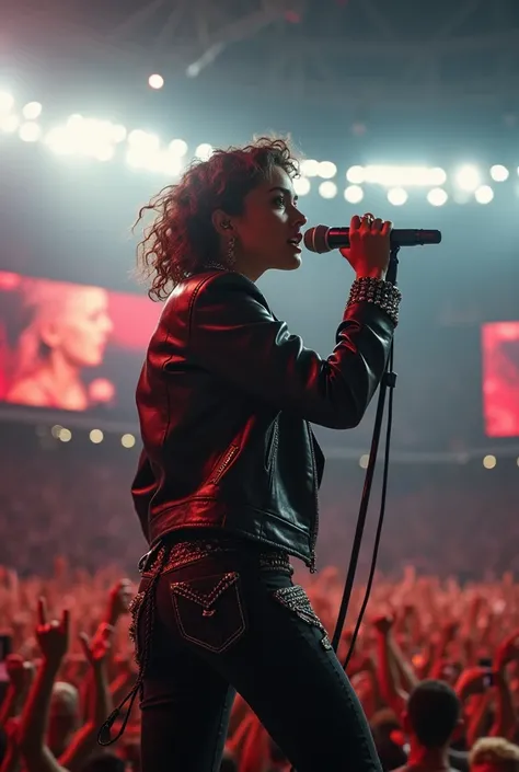 Sarah Hyland as a rock singer, singing in a stadium 