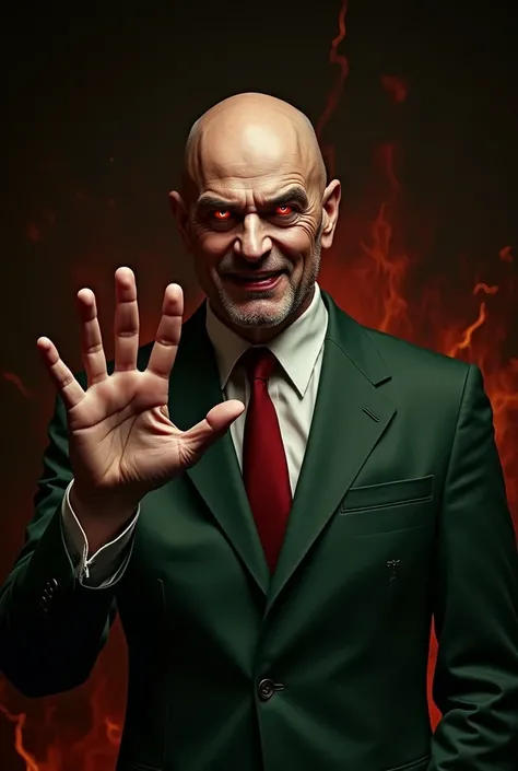 alexander de moraes, Minister of the Supreme Court, Bald man, no beard and no mustache, Evil smile, best qualityer, black background, wearing a green suit, wearing a red tie, burning eyes, Eyes red, dictator pose, raising his arm, open hand, five toes, pos...