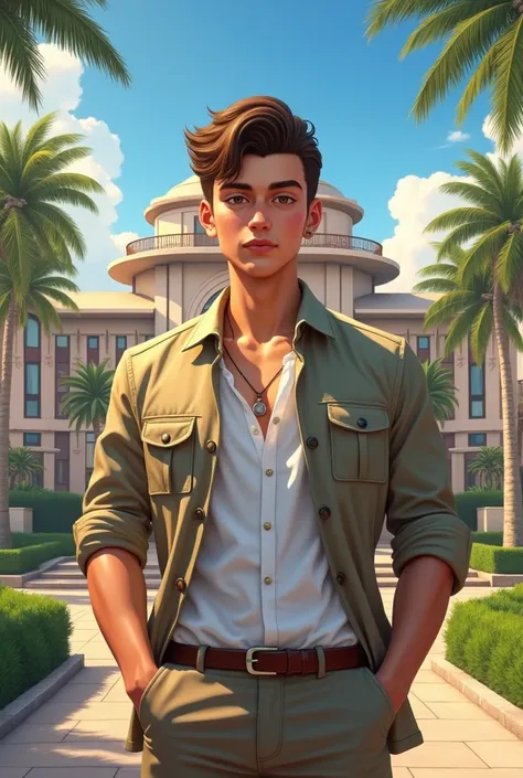 A handsome boy of 19 standing in front of a resort, masterpiece