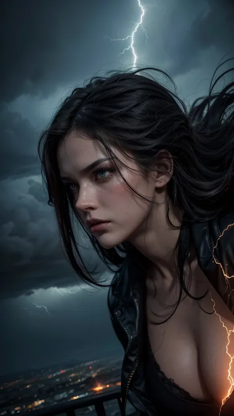 Ultra detailed digital art masterpiece, close face portrait of a fierce storm witch, intense crimson and black hair flowing wildly in a raging storm, dark and electric atmosphere, she stands on a rocky cliff with lightning striking all around, golden tatto...