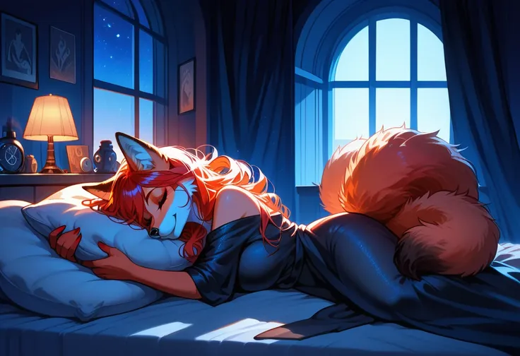 red fox, female, vixen, fox tail, gorgeous, majestic, elegant, mysterious, alluring, romantic, beautiful, sexy body, voluptuous, hair, scarlet hair, red hair, yellow eyes, smile, gazing at viewer with side eye, side view, full body, highres, perfect artwor...