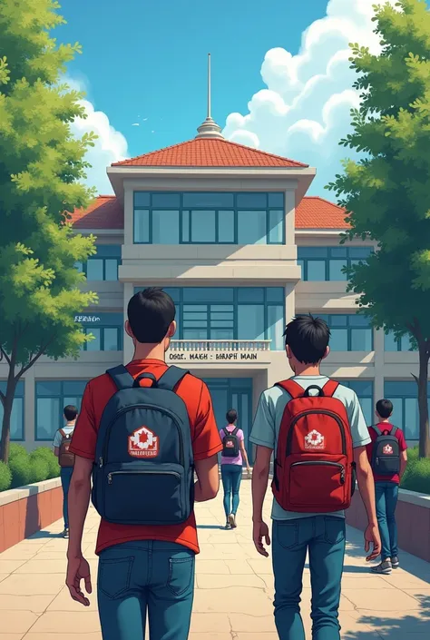 A school with two floors. The name of the school is Hexas Barlekha. In front of the school many students are moving towards the school. Each of them has a school bag on their back. Hexas Barlekha written on the school bag. The age of the boys is 21-23 year...